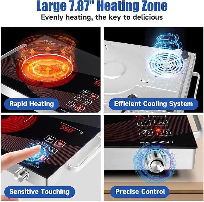 Electric Hot Plate Single Burner for Cooking, Portable Countertop Free Standing Stove Single Burner, 2200 watts Glass Ceramic Cooktop with Timer…