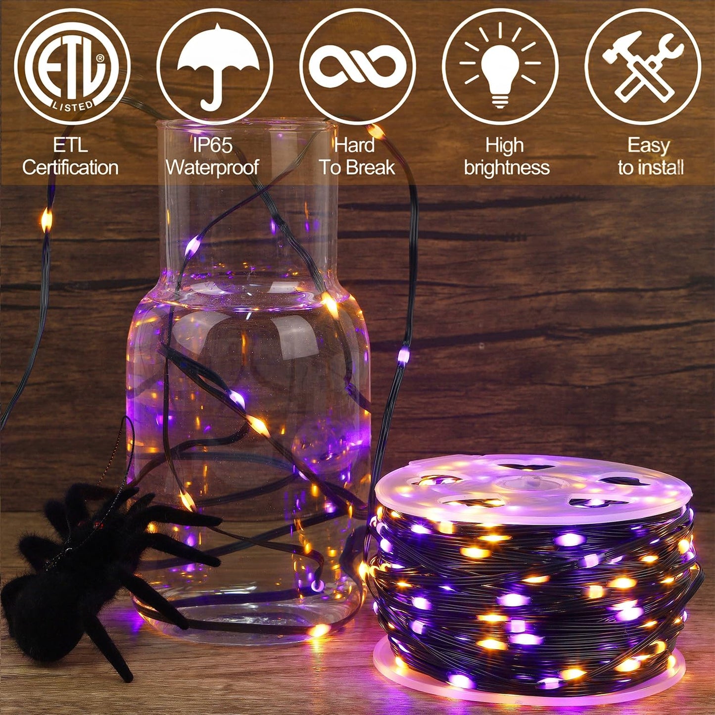 Waterglide 328Ft 1000 Led Outdoor Halloween Lights, Waterproof Orange & Purple Fairy String Lights, Model Hbb-1000Coi, 8 Modes