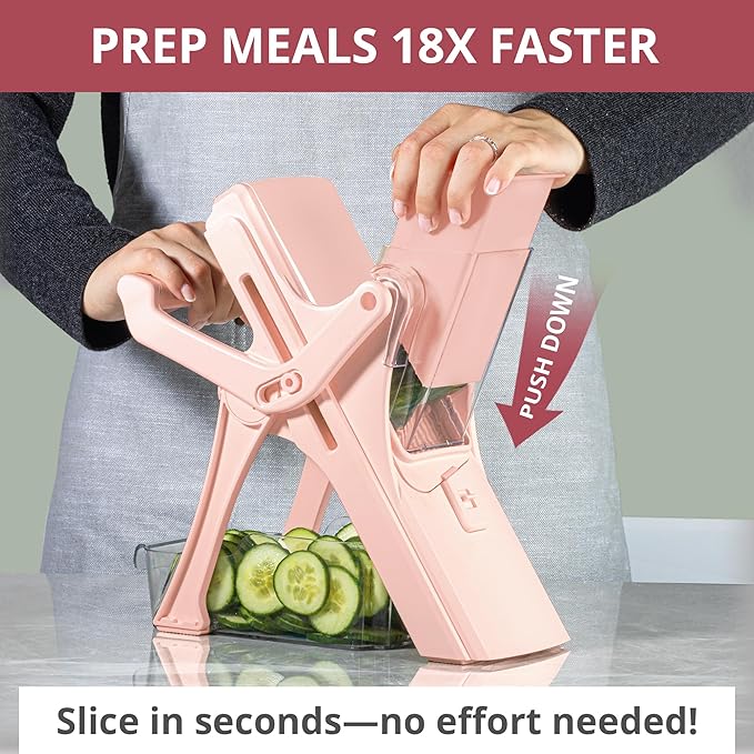 EMSON Safe Mandoline Slicer for Kitchen, All in 1 Mandoline Slicer for Food Works as Potato Slicer, Vegetable Slicer, Food Slicer, French Fry Cutter and More with 5 Blades and Storage Container