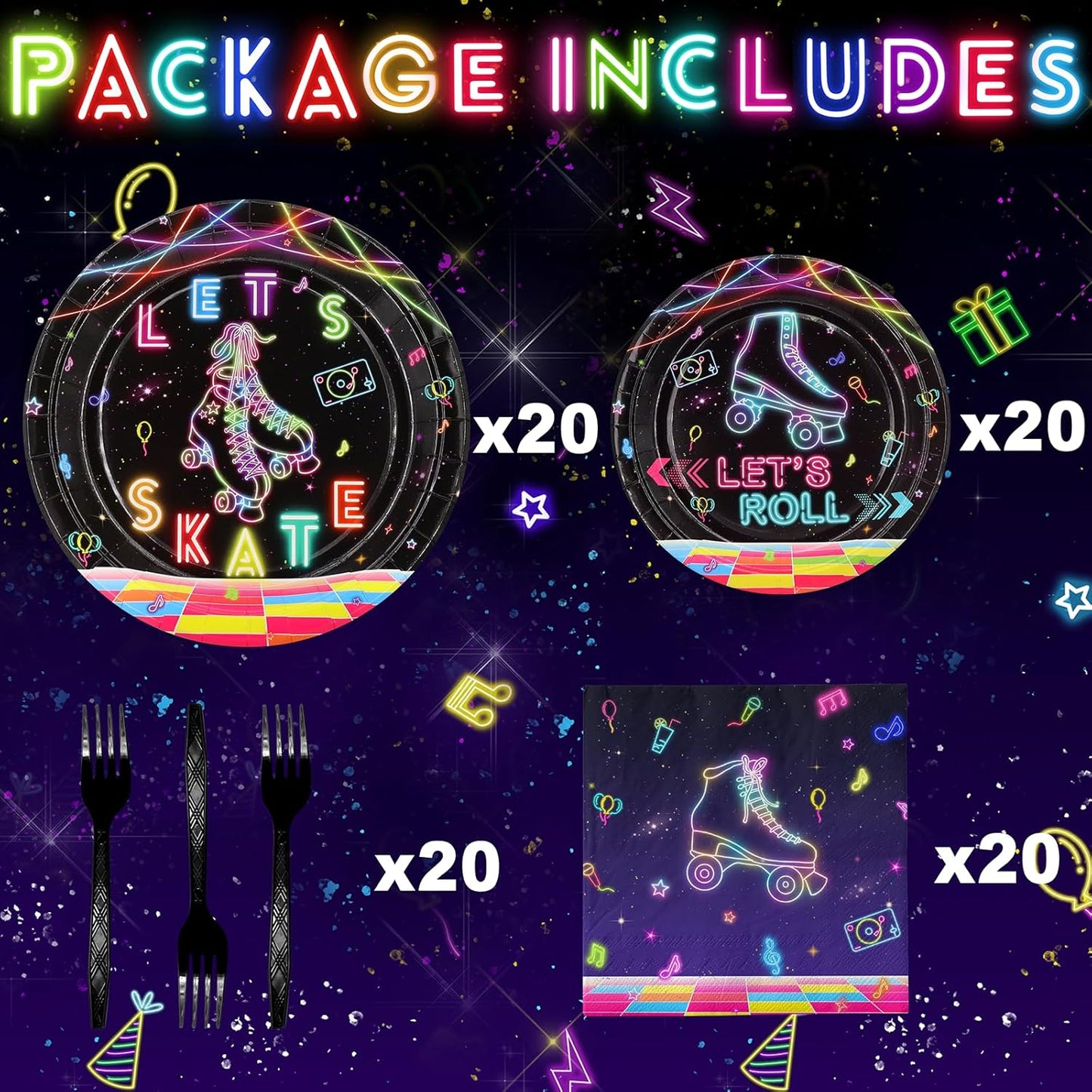 Roller Skating Party Decorations Set - Fun Roller Skating Party Plates, Napkins, and Forks for an Exciting Celebration - Disposable Roller Skate Party Supplies for Birthdays and Events