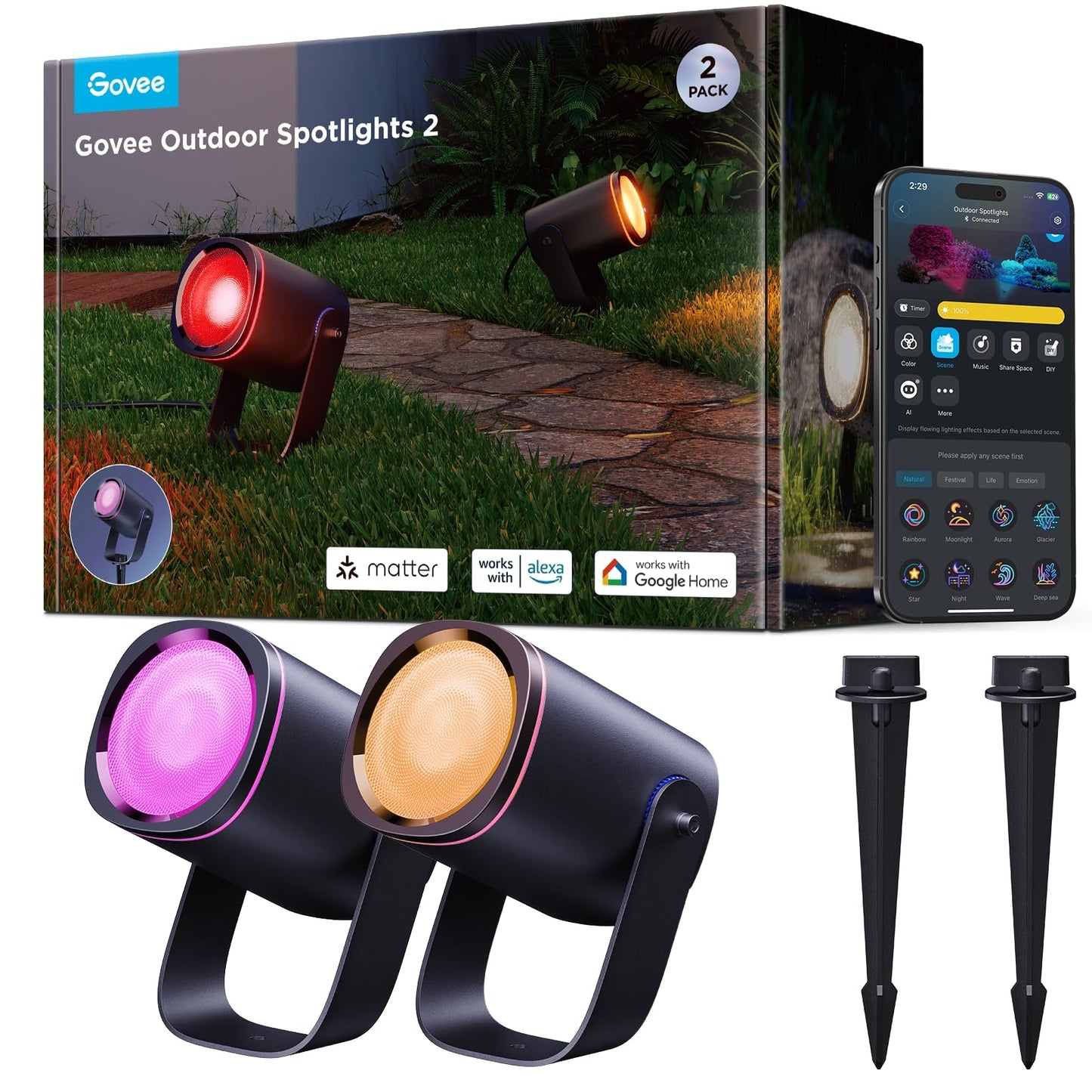 Govee Outdoor Spot Lights, IP67 Waterproof, RGBW Color Changing, 2 Pack, Black, Model H7093