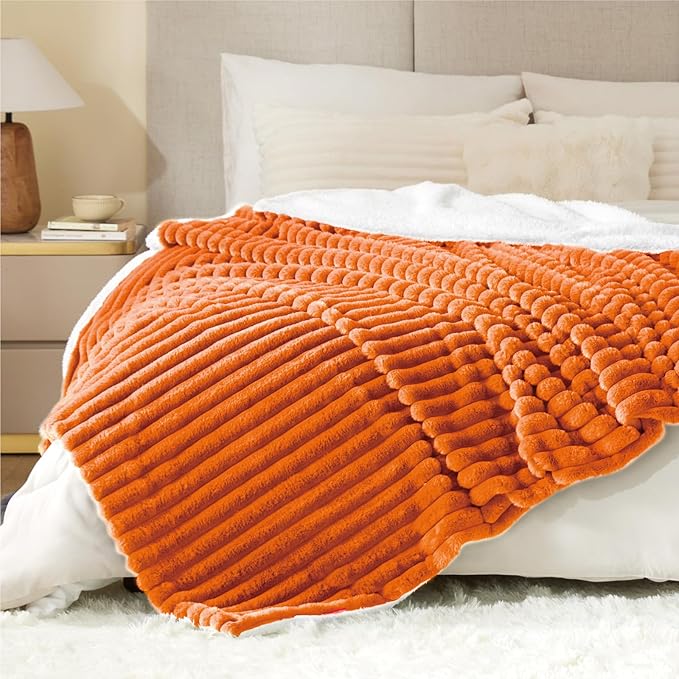 INFIIXSO Sherpa Throw Blanket for Couch - Super Soft & Warm Striped Fleece Blanket, Cozy Plush Fluffy Blanket All Season Use (Burnt Orange, 60x80 Inches)