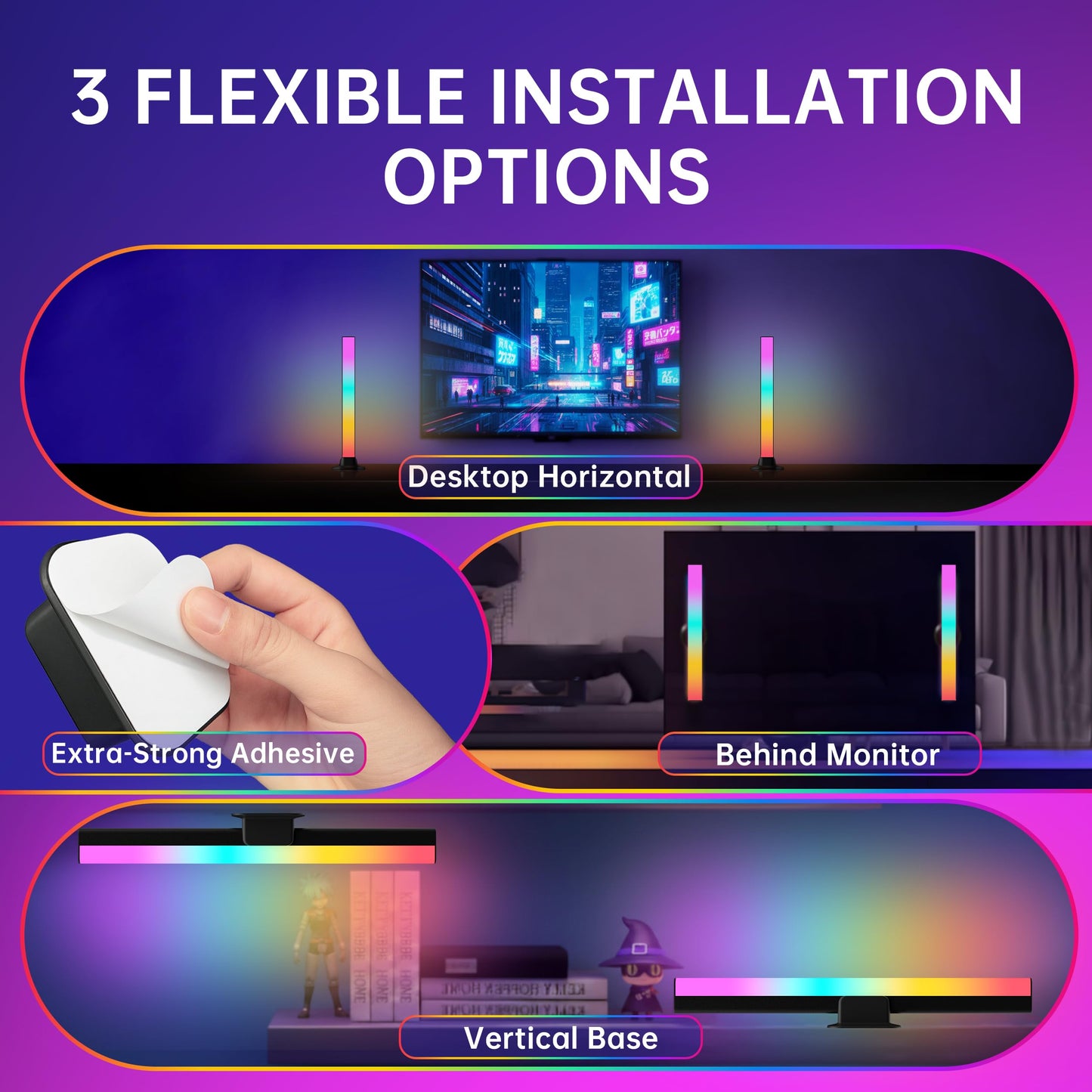 VUQ Light Bars with RGB+IC, 16.5-inch Bluetooth TV LED Backlight Suitable 45-85inch TVs, Smart TV Behind Lights with 16M Colors Scene and Music Modes for Gaming, Patry, Room Decotation