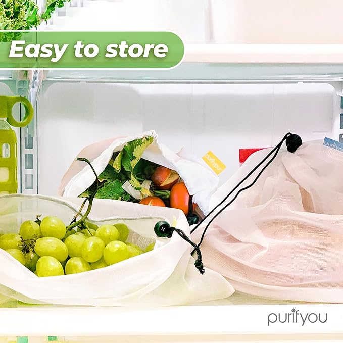 purifyou Essentials Bundle: Reusable produce bags (Set of 9) and extra-long silicone straws with case (Set of 4) – perfect for groceries, beach trips, and drinks.