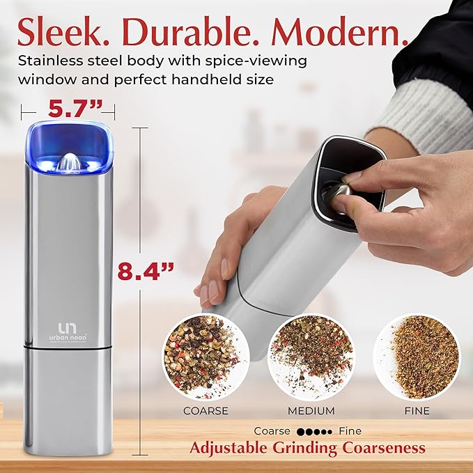 Automatic Salt and Pepper Grinder Set - Rechargeable Electric Salt and Pepper Shakers with Adjustable Coarseness, LED Light, One-Handed Use, Gravity Salt Grinder and Electric Pepper Mill