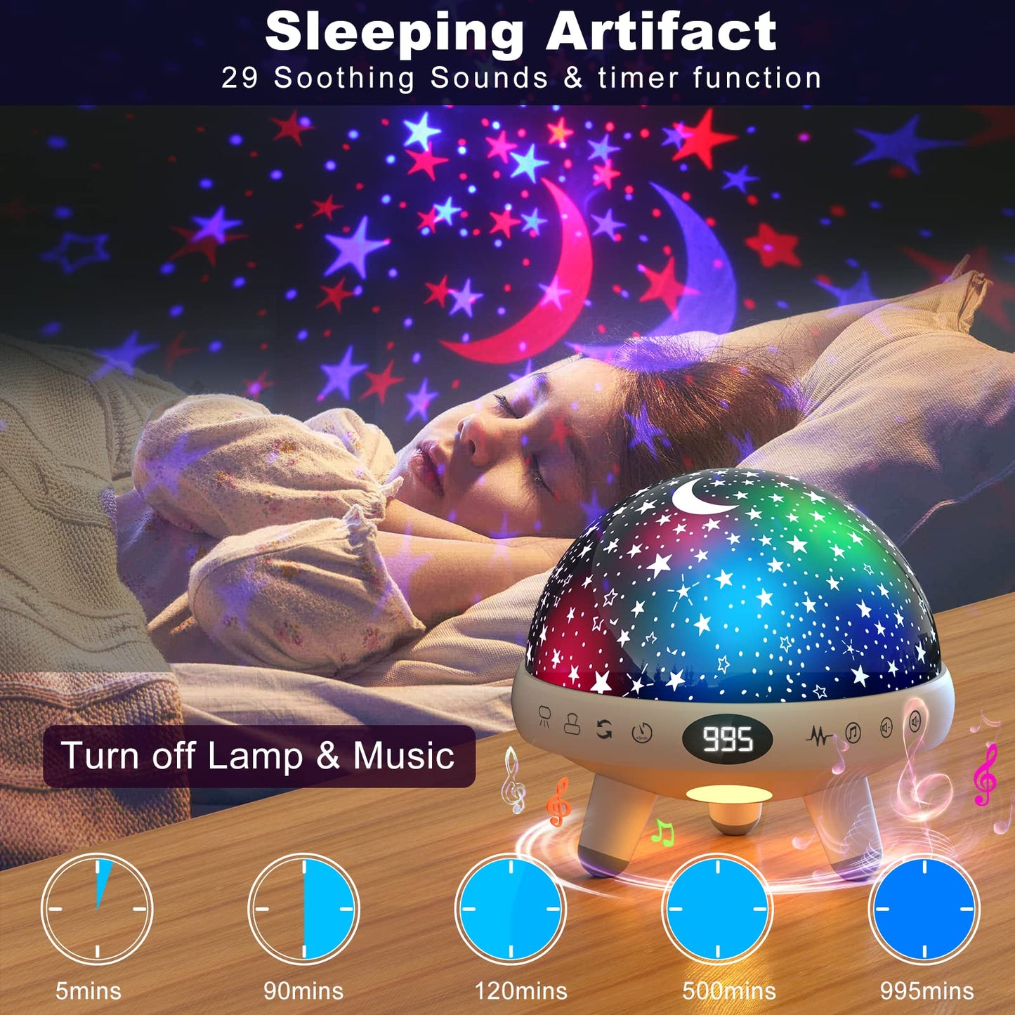 YACHANCE Kids Sound Machine with Night Light Projector, 29 Soothing Sounds, White, Model YC-008, Plastic