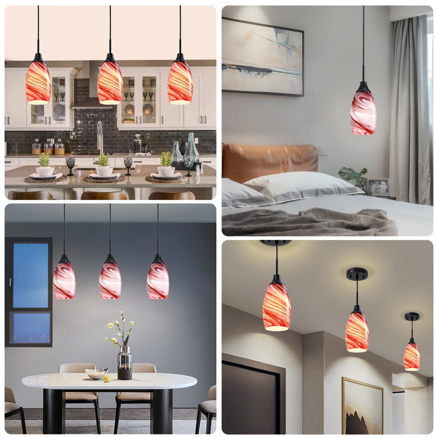Viinew Mini Glass Pendant Light 4.72in Handblown Burgundy Art Glass 3-Pack for Dining Room Kitchen Island Foyer Hallway