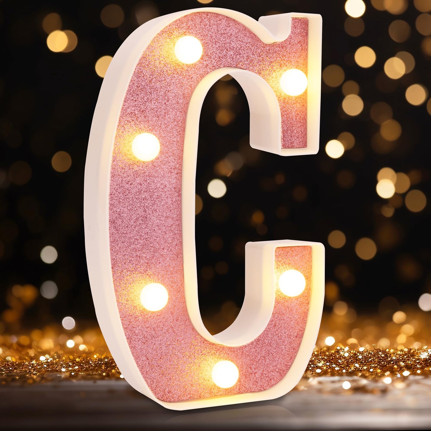 DyingSwan Small LED Marquee Letter C, 8.58 Inch Lighted Sign, Pink Glitter, Battery Powered Decor for Parties and Events