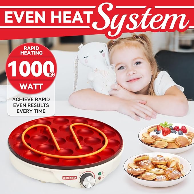 24 Slots Mini Pancakes Maker, Poffertjes Maker Pan, Thin Ebelskiver Aebleskiver Pan, Electric Pancakes Maker, Dutch Pancake Machine, Browning Controllable, with Brush & Forks, White