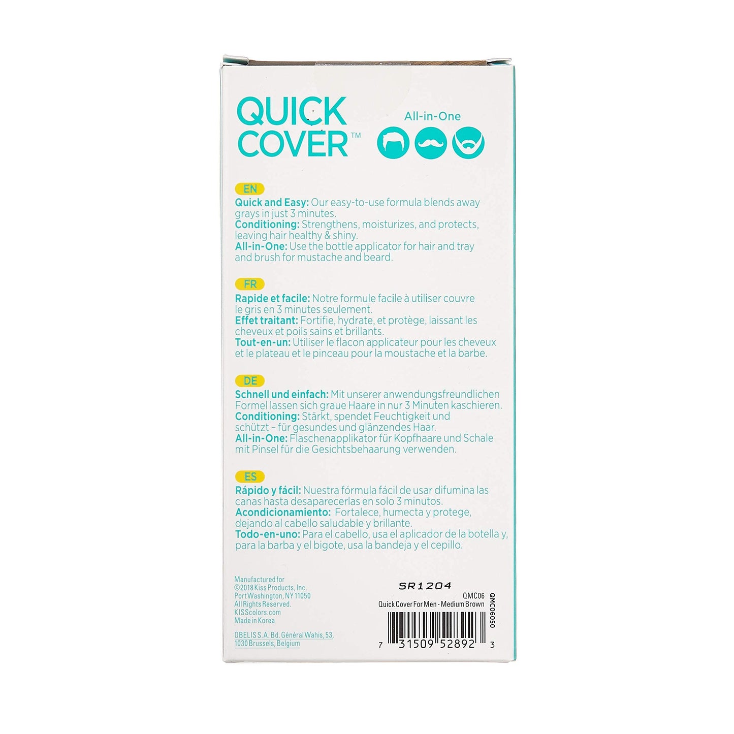 KISS Quick Cover For Men Permanent Hair Color Mustache Beard QMC (Medium Brown)