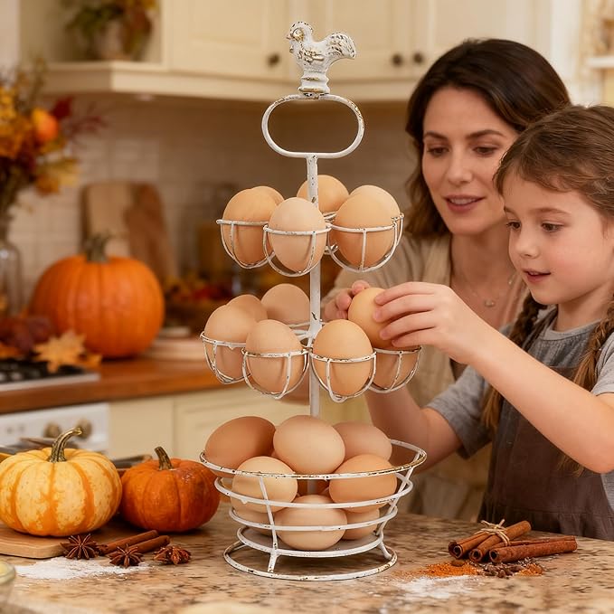 Vintage White Metal Egg Holder with Rooster Top - 2-Tier & Bottom Basket Design, Farmhouse Distressed Decor Egg Storage Rack for Kitchen Countertop Decor (White with Gold)