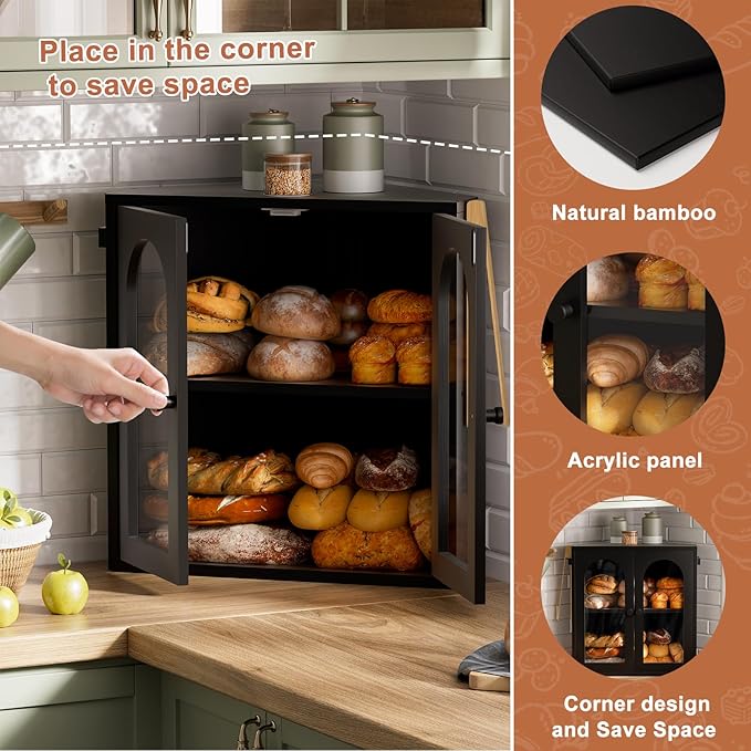 WOWLIVE Corner Bread Box for Kitchen Countertop, 2 Tier Bamboo Bread Storage Container for Homemade Bread with Clear Acrylic Door Panel, Bread Bin Farmhouse Breadbox Organizer (Black, Extra Large)