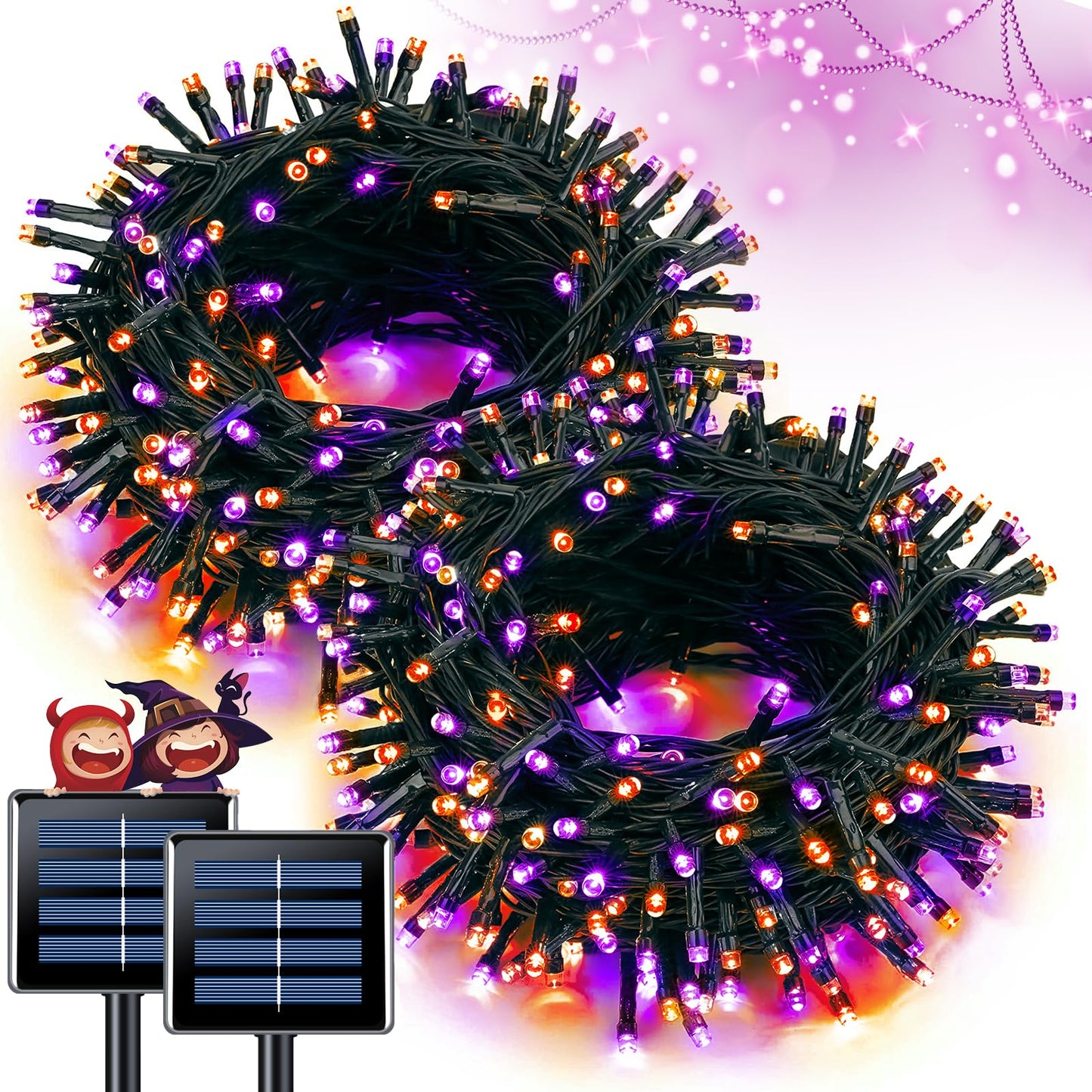 JMEXSUSS Solar Halloween Lights, 2 Pack 100 LED, Waterproof Orange & Purple, Model JM-S-100