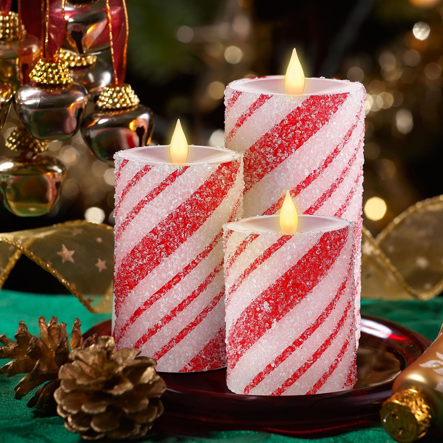 Baquler 3 Pcs Christmas Flameless Pillar Candles LED Candy Cane Peppermint Stripe Red and White Glitter Battery Operated Candles for Xmas Holiday Centerpiece Home Party Decor