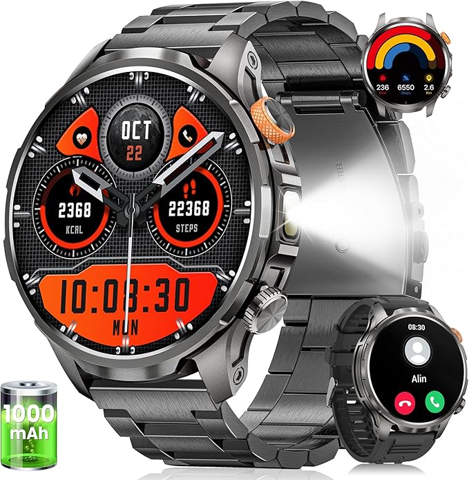 Smart Watches for Men, Military Smart Watch with 100 Days Battery/Flashlight/Heart Rate/Sleep/SpO2 Monitor/Call/110+ Sport...