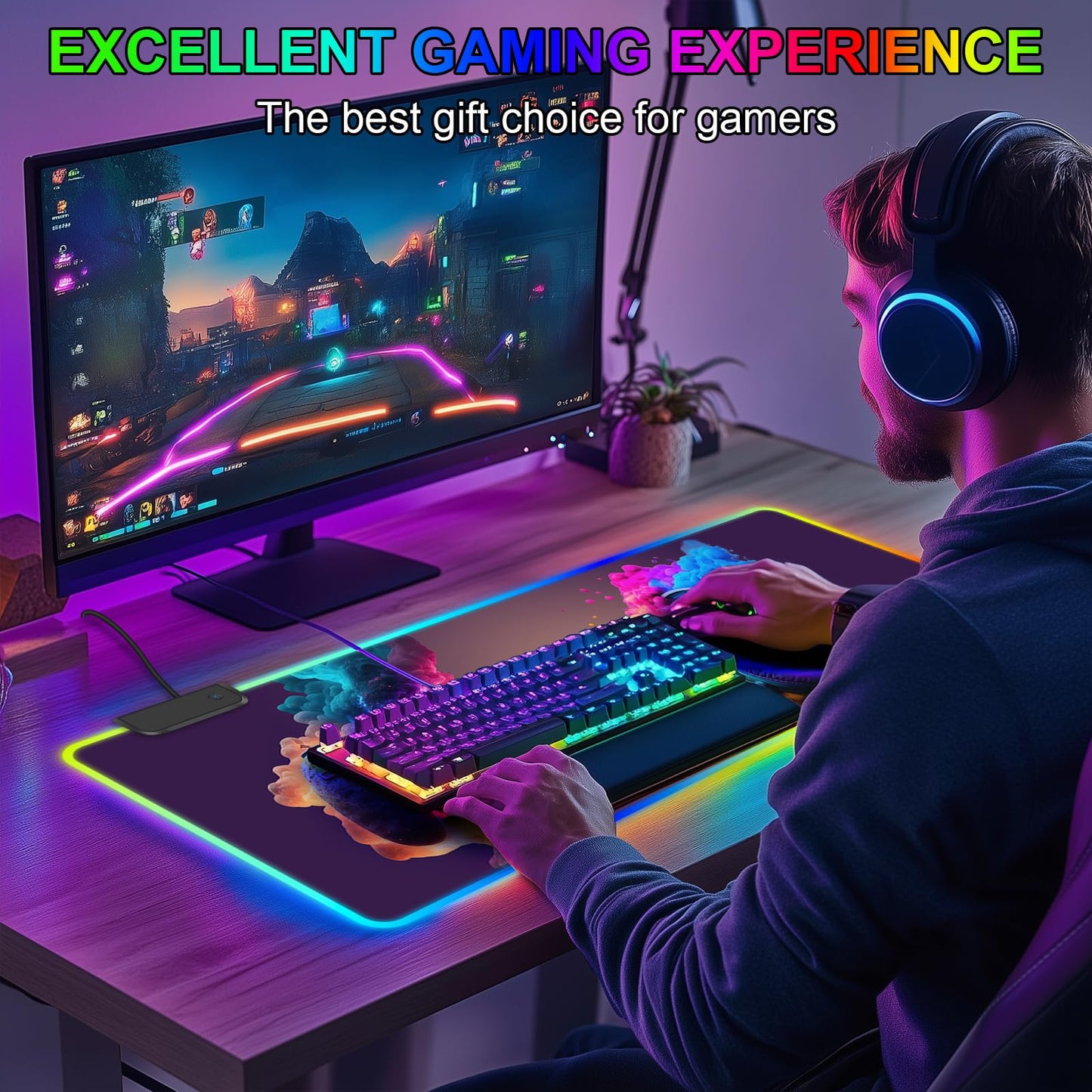 RGB Gaming Mouse Pad, Large Mousepad with LED Light 13 Light Modes Touch Control Extended Soft Computer Keyboard Mat Pad, Desk Mat with Non-Slip Rubber Base for MacBook Laptop(31.5X11.8, Game Handle)