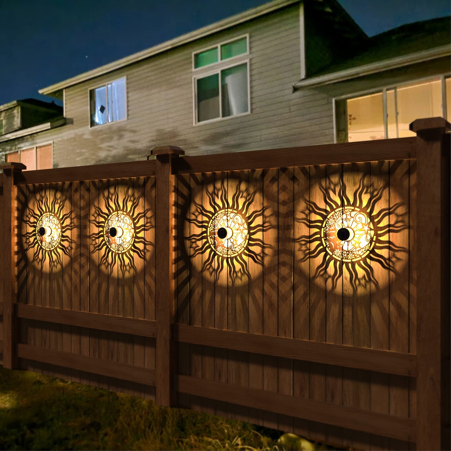 gardencave Solar Fence Lights, Metal, Waterproof, Sun Moon Theme, 2 Pack, Face, Model TIH03 for Outdoor Garden Decor