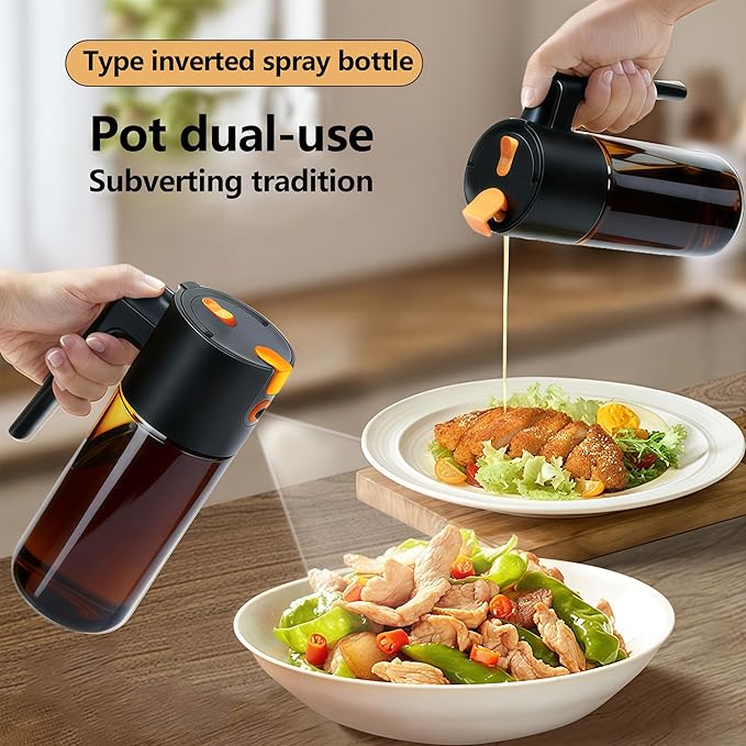 Olive Oil Spray Bottle Dispenser，2-in-1 Glass Material Kitchen Cooking Oil Sprayer，17 oz/500 ml Cooking Spray, Glass Spray Bottle with Tipper, Food Grade Spray for Kitchen, Salad, Frying, Barbecue
