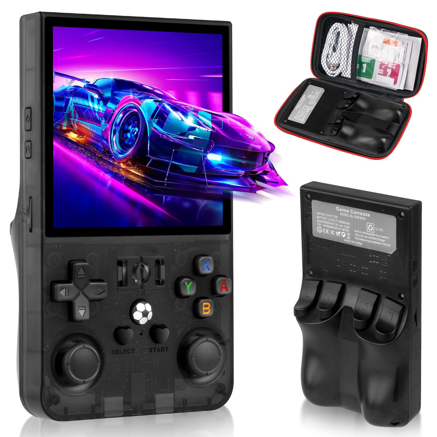 R36MAX Retro Game Console, Handheld Game Console with 4.0-in IPS HD Screen，Video Game Consoles with 64GB Memory, Portable Games Consoles with Storage Bag（Black）