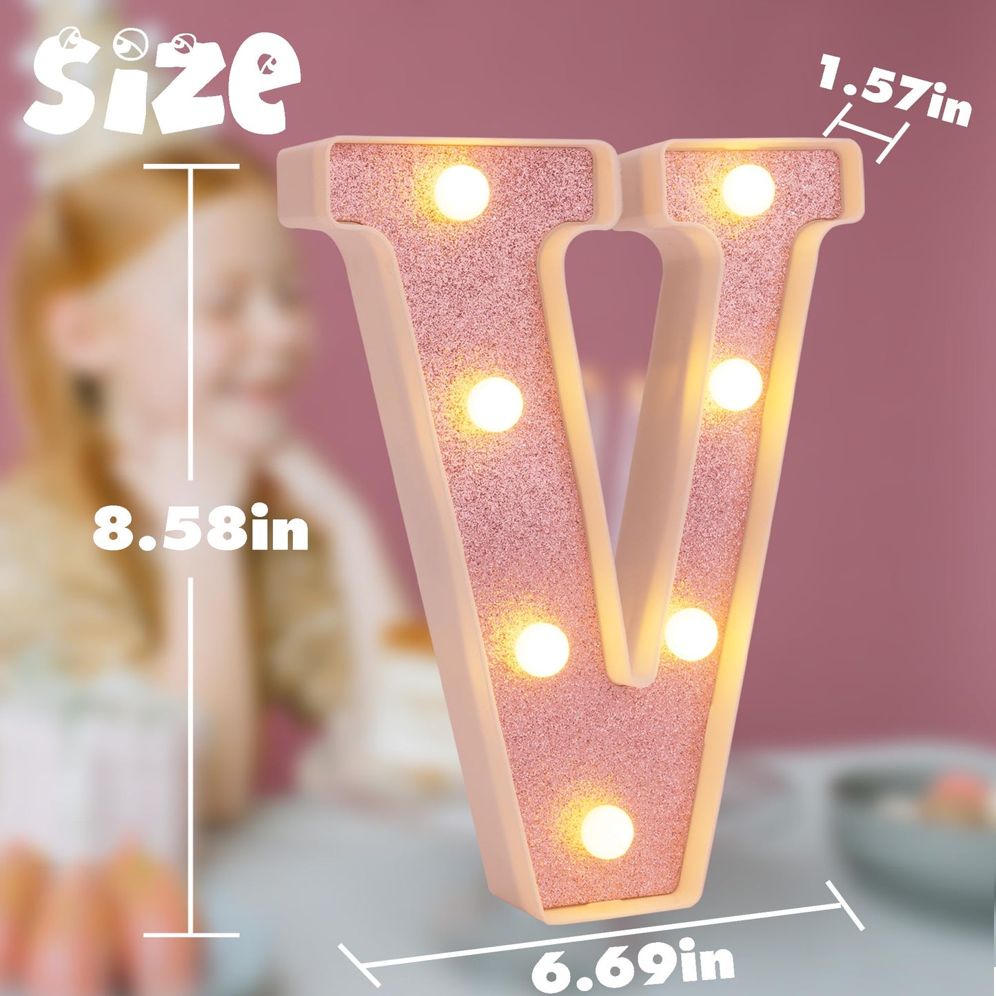 DyingSwan Small LED Marquee Letter V, Pink Glitter, 8.58 Inch, Battery Powered Plastic Lighted Sign for Party and Decor