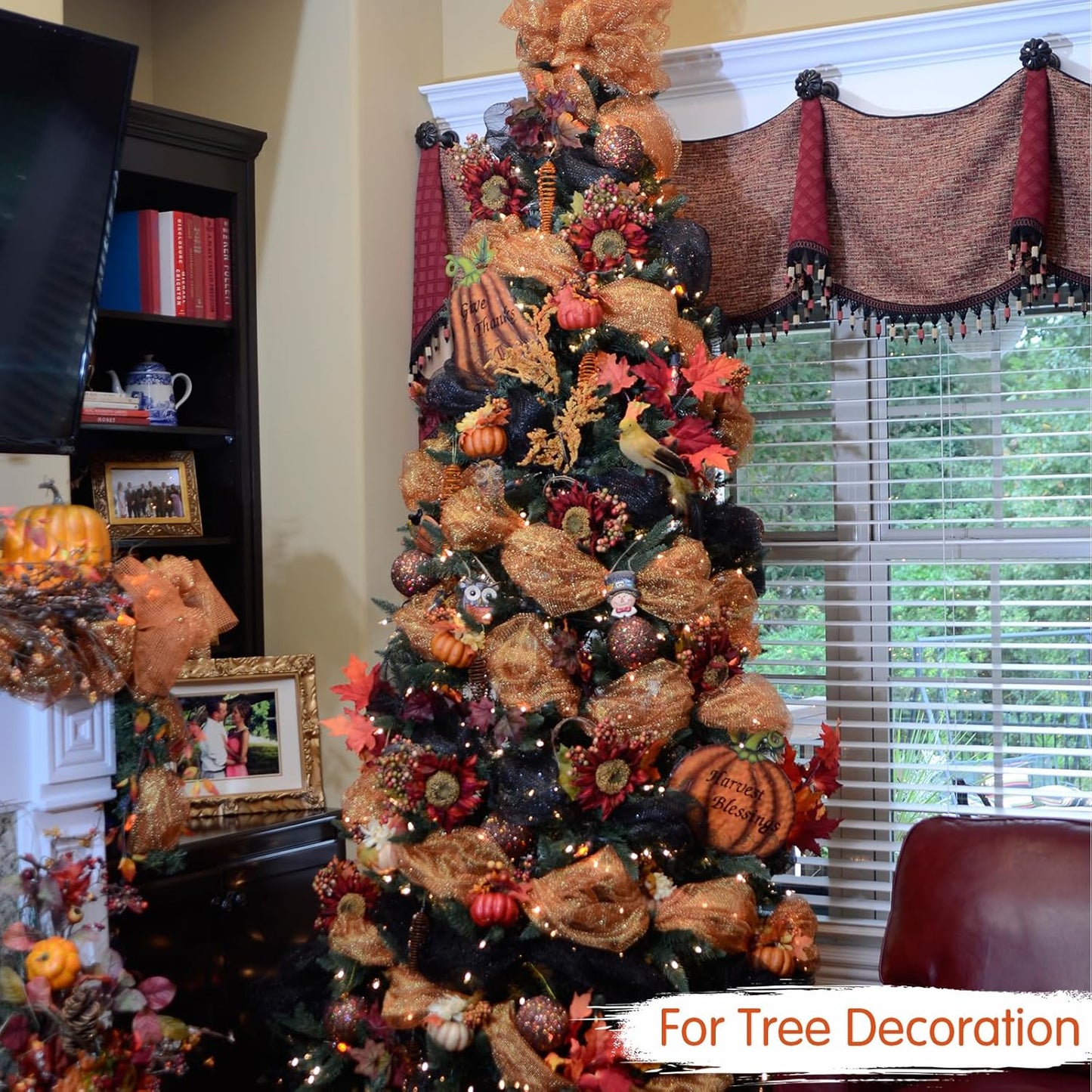 TONIFUL 10 Inch 3 Rolls Khaki/Orange/Green Decorative Mesh Ribbons, Fabric Mesh with Foil for Tree Home Front Door Wreaths Decorations Supplies, for Thanksgiving Fall（3 Colors, 10yards/ roll）