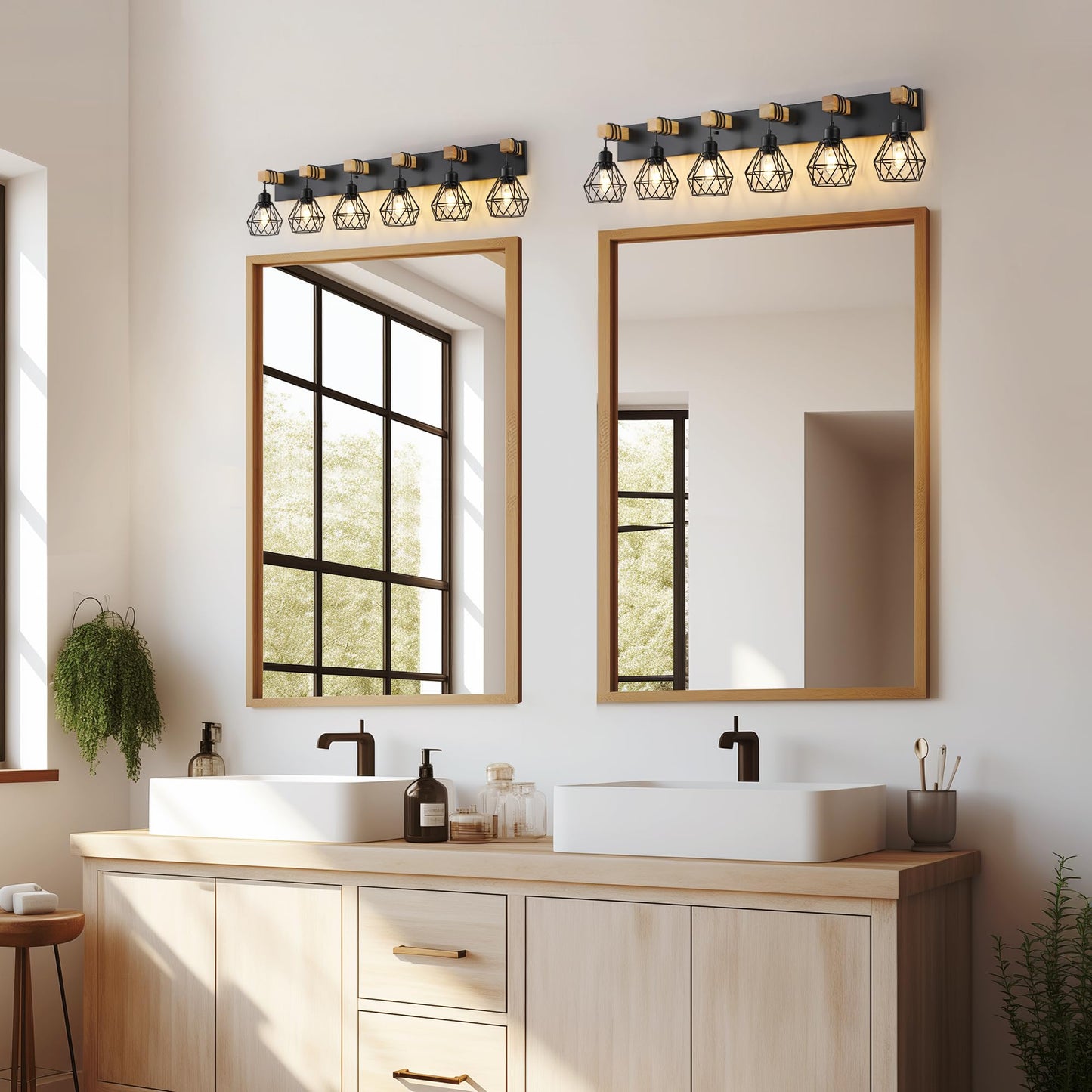 Farmhouse Vanity Light For Bathroom  6-Light Wood Bathroom Vanity Light Fixtures Over Mirror  Rustic Sconces Wall Lighting With Metal Lampshade For Living Room  Bedroom  Hallway