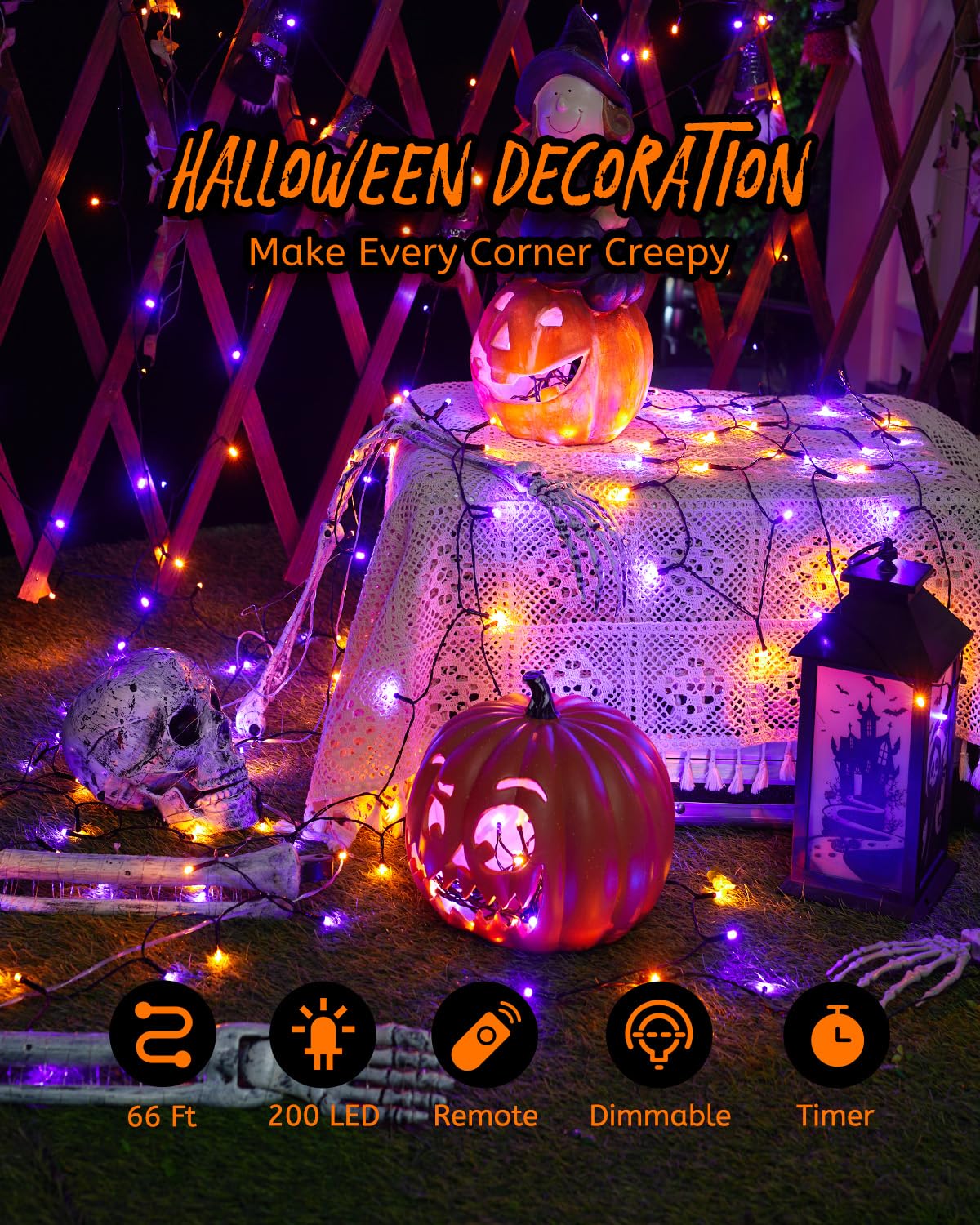 Minetom Halloween String Lights, 200 LED, 66FT, Purple & Orange, 8 Modes, Plastic, Model AED09-02900200GQIP44