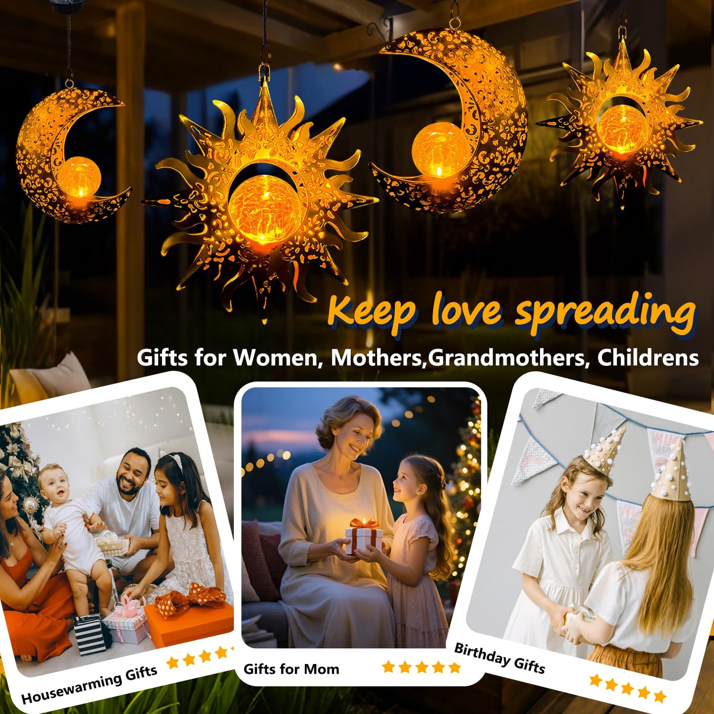 Qcf Solar Hanging Sun And Moon Lights Garden Outside Decor 2 Pack Metal Lanterns Outdoor Sunflower Art Decorations For Porch Backyard Patio Wall Tree Unique Gardening Gifts For Women Mom Grandma