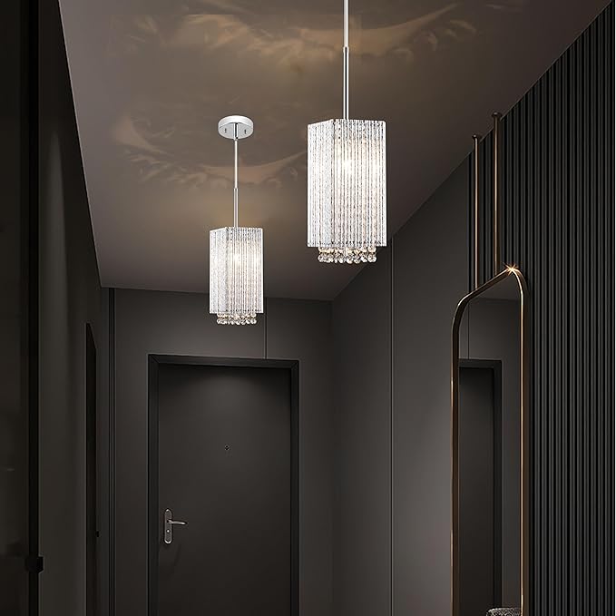 Mini Crystal Chandelier 1 Light Modern Hanging Light Fixture Small Cuboid Chrome Pendant Light for Kitchen Island Dining Room