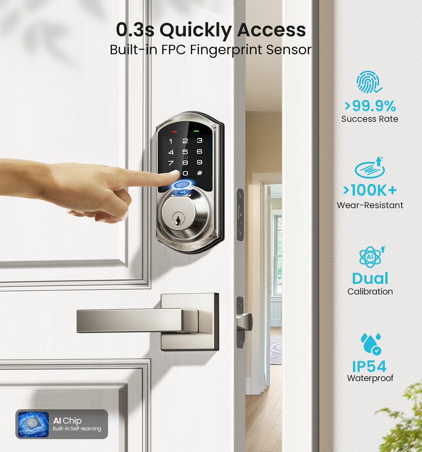 Veise VE07-L Fingerprint Smart Locks for Front Door with Zinc Alloy Handle Set, App Control, Keyless Entry, Electronic Digital Keypad Deadbolt, Auto Lock, Waterproof, Easy to Install, Matte Black