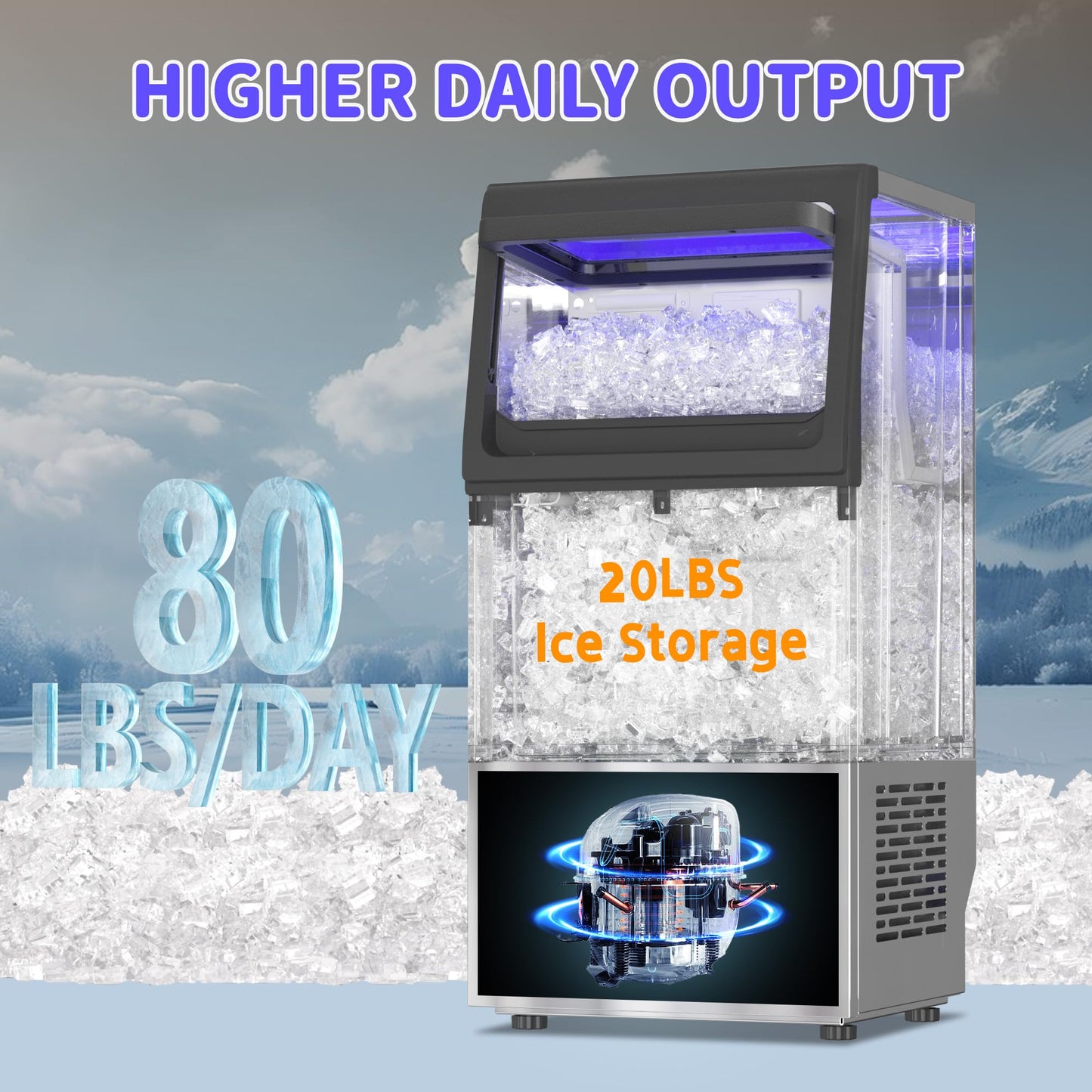Commercial Nugget Ice Maker 80Lbs/24H with 20Lbs Storage, Stainless Steel Pellet Ice Machine,Soft Chewable Ice Maker Self-Cleaning for Office & Home Restaurants Bars