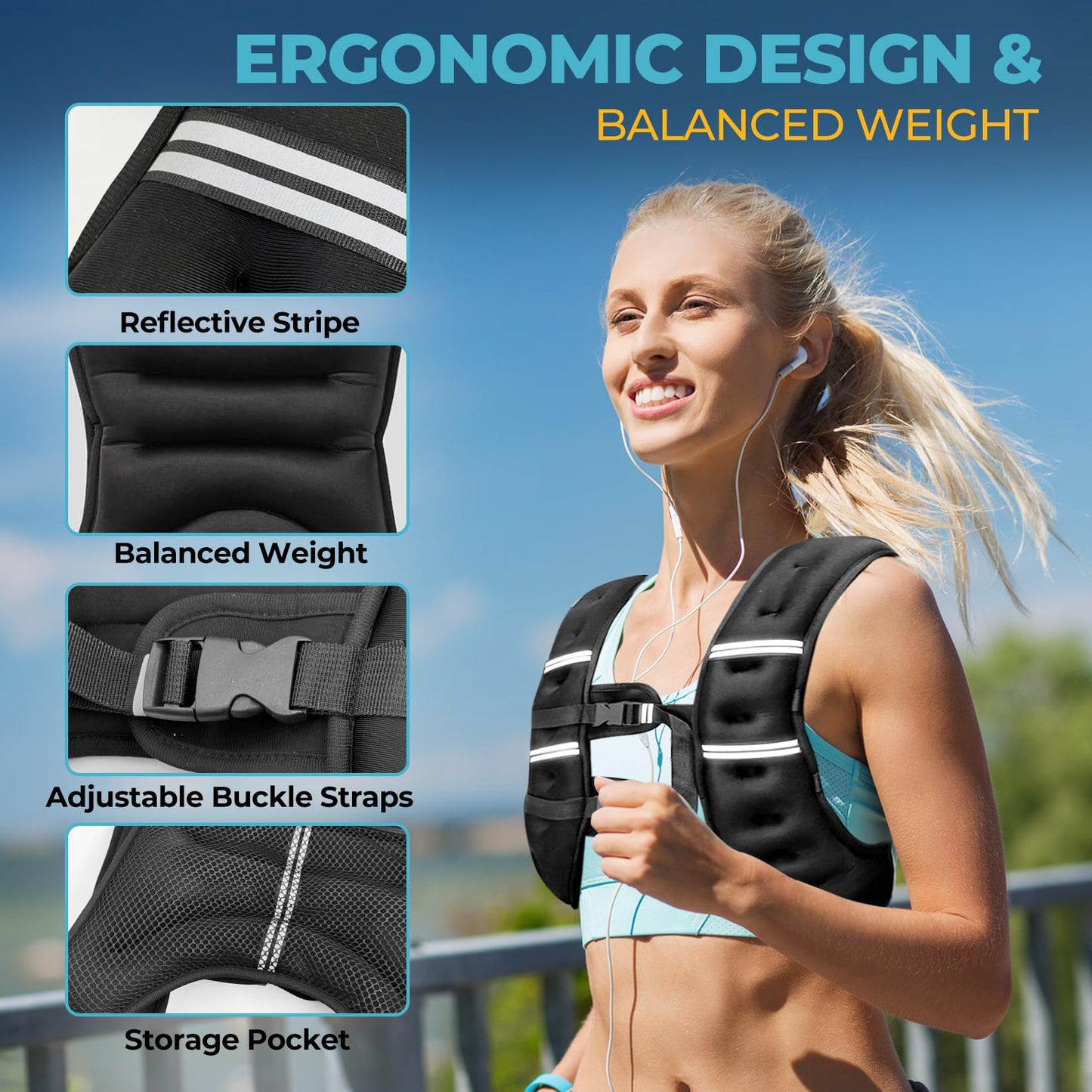 Weighted Vest, 8lb/12lb/16lb/20lb Weight Vest with Reflective Stripes for Men Women, Two Adjustment Straps for Workout, Strength Training, Running, Fitness, Muscle Building, Weight Loss (8lb)