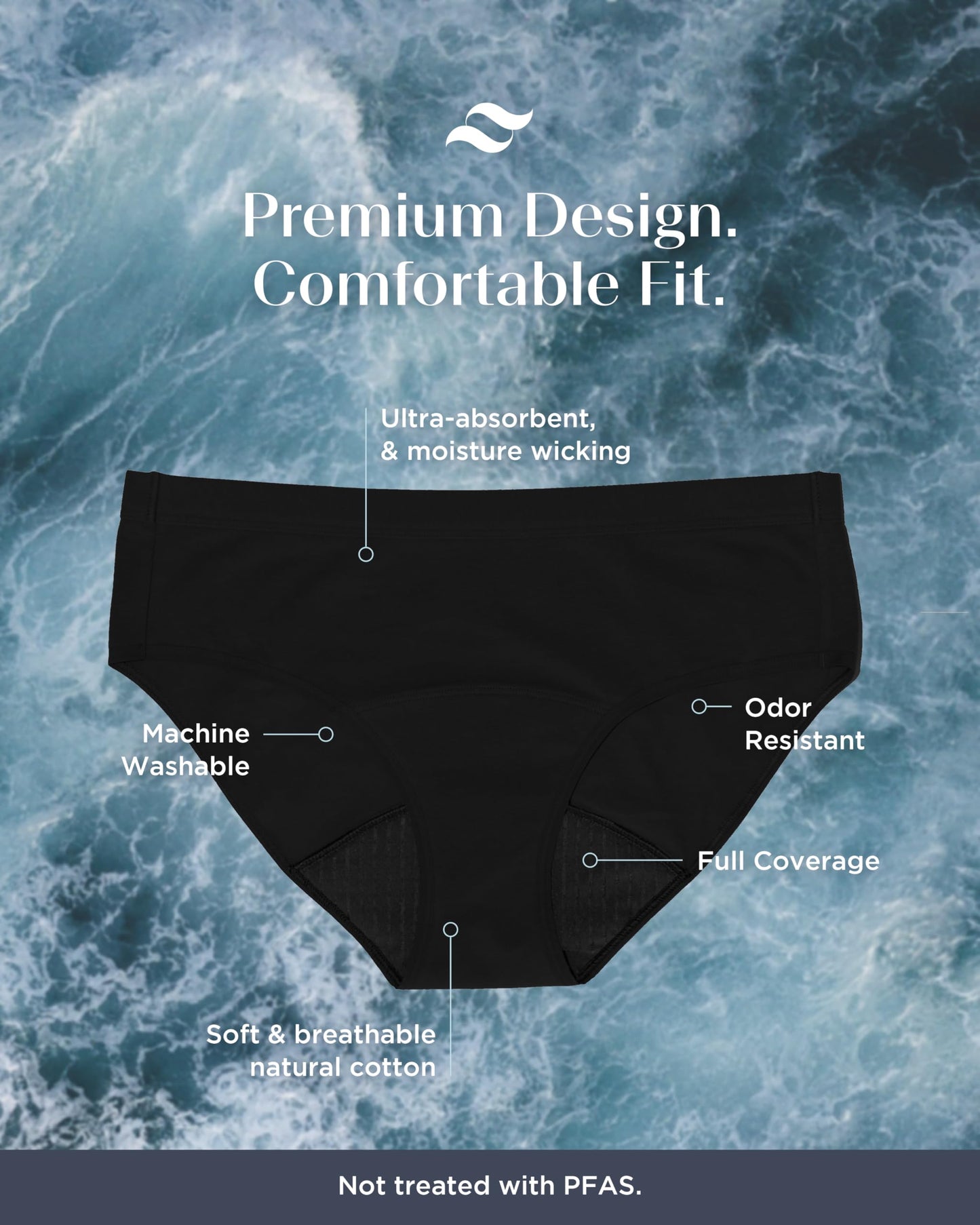 Saalt EveryWear Cotton Brief - Leakproof Period Underwear - Mid-Rise, Full Coverage Womens Underwear - Reusable & Washable - Replaces 3 Pads or 4 Tampons - X-Large, Volcanic Black
