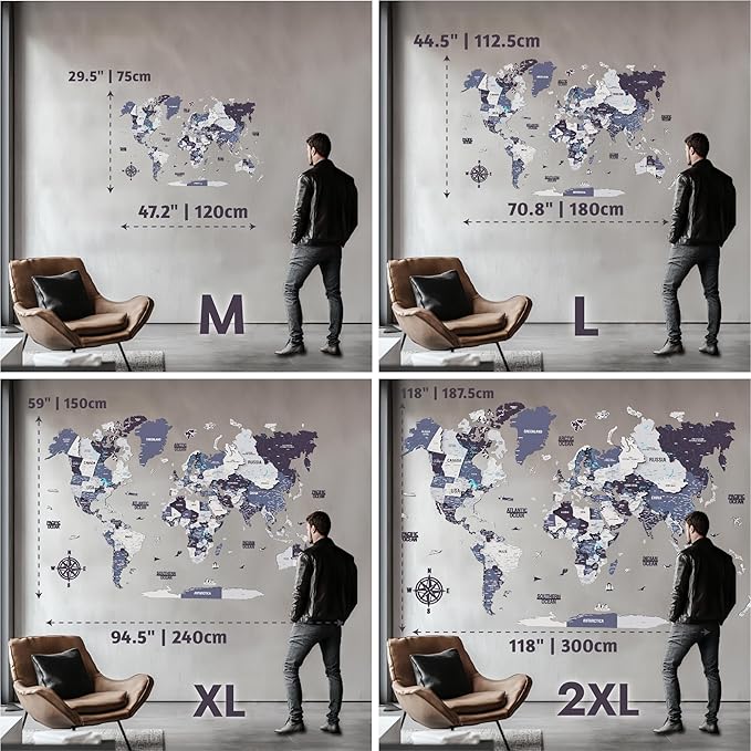 Colorfull Worlds 3D Wooden World Map Wall Art - Premium Multicolored World Travel Map for Wall Decor with Push Pins- Ideal Housewarming Gift & Travel Tracker (Medium, Navy)