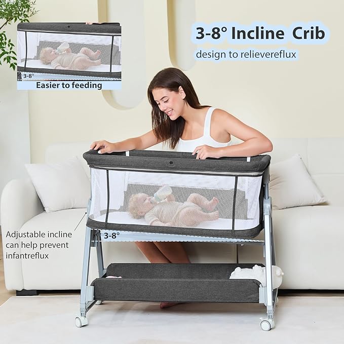 3-in-1 Baby Bassinet Bedside Sleeper with Wheels Bedside Bassinet for Newborn and Infant with Mattress and Storage Basket | Adjustable Height & Angle (13.5-18") | ASTM/CPSIA Certified (Black)