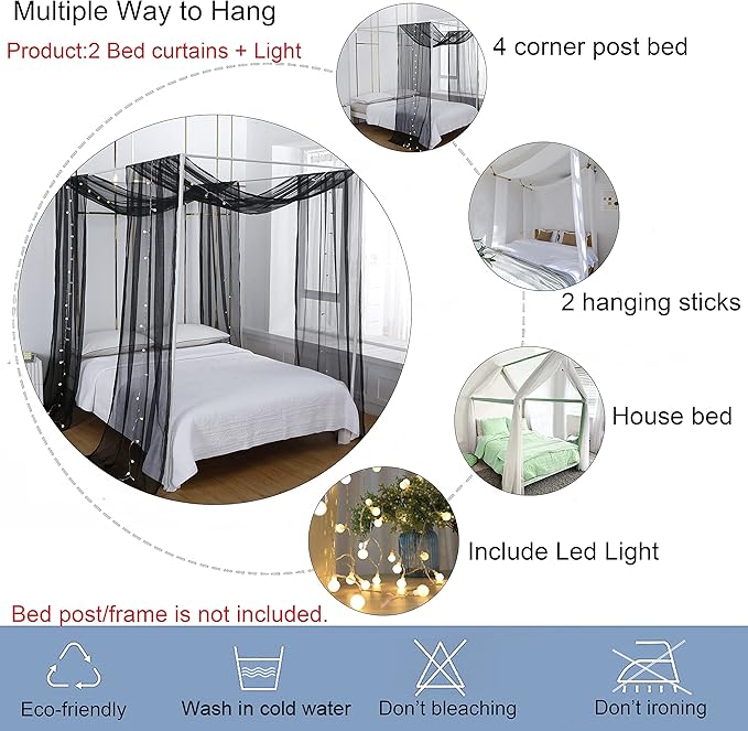 Akiky Canopy Curtains for Girls with LED Light King California King Bed Curtains Frame Bed,Valance Scarves Great for Bed,Windows,Wedding Parties(King,Black)