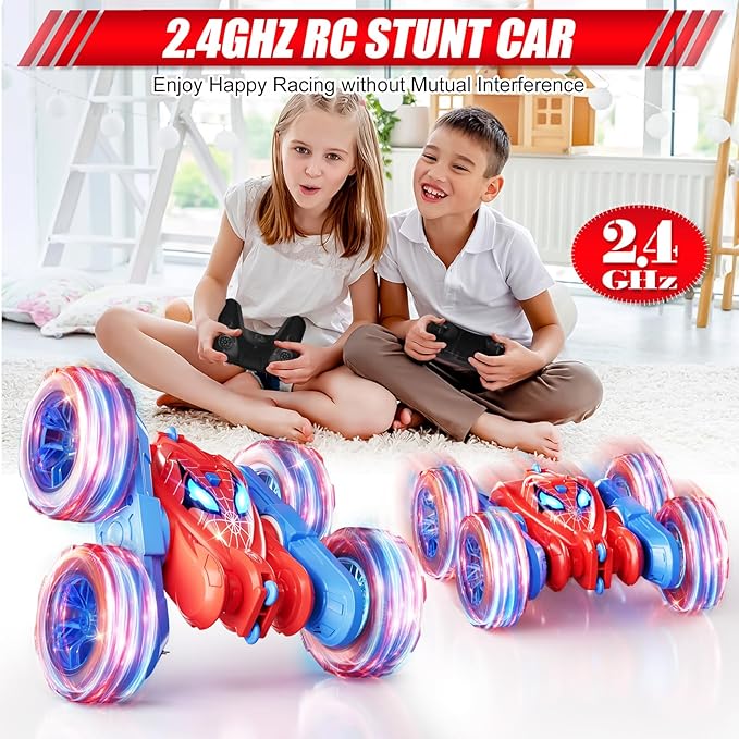 Spider Remote Control Car, 360° Stunt RC Cars for Kids Ages 6-12 Double-Sided Rotation, 4WD Cool Wheel Lights&2.4GHz Control; Rechargeable Electric Race Car Toys Gift for Boys Girls (Red&Blue)