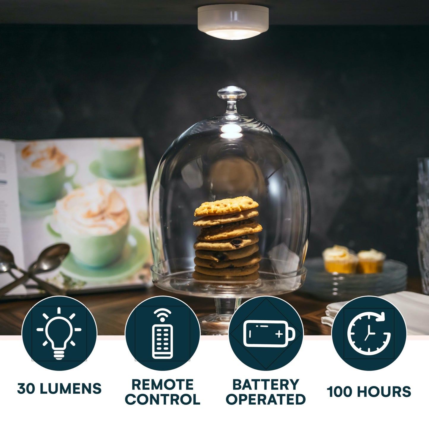 Brilliant Evolution Stick On Push Lights - 6 Pack Remote Controlled LED Lights Under Cabinets - DIY Stick On Lights for Closet, Counter, Kitchen - Battery Operated Puck Lighting with Remote