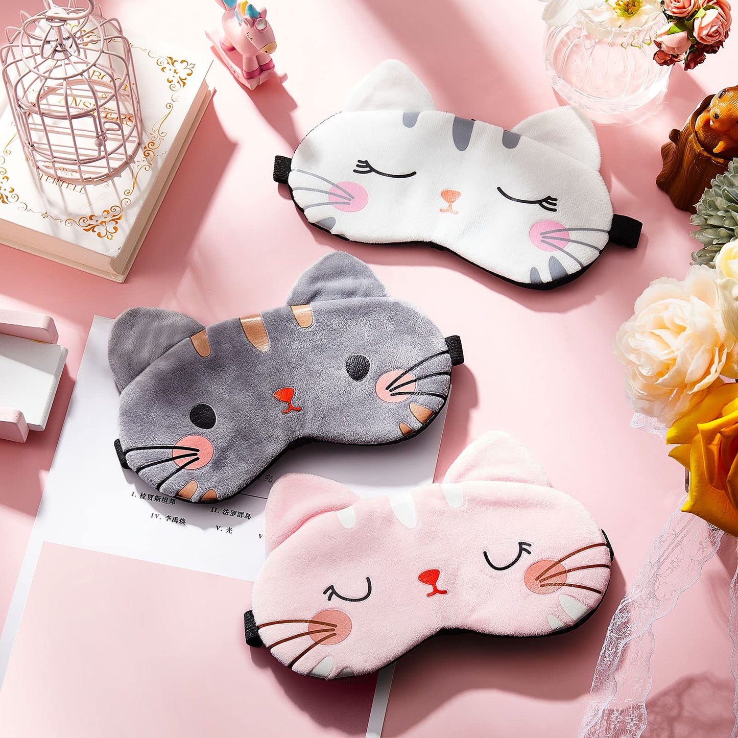 Haysandy Cute Eye Mask for Sleeping 3 Pieces Cartoon Dog Face Eye Cover Funny Animal Cat Sleeping Mask Soft Lightweight Night Sleep Kitty Blindfolds for Women Men Kids(Cat)