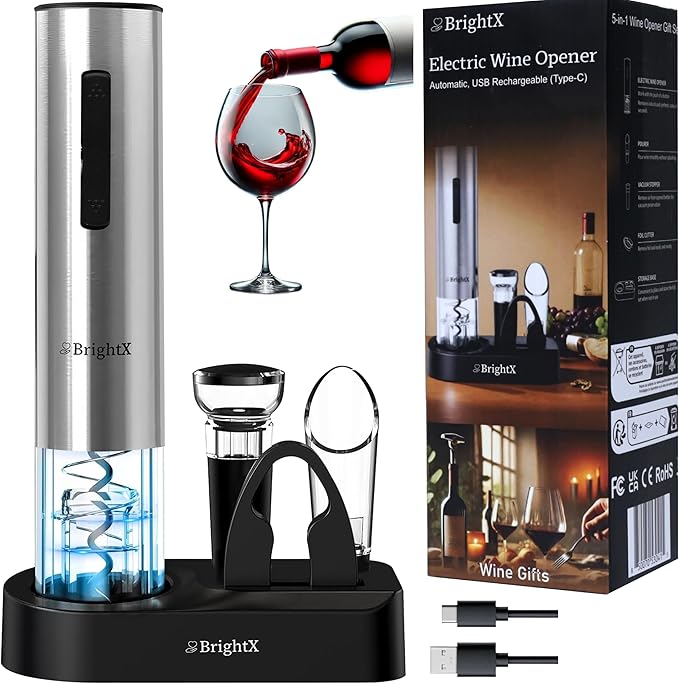 BRIGHTX Premium Electric Wine Bottle Opener Gift Set – Rechargeable Cork Screw with Foil Cutter & Charging Base – Automatic Cork Remover, Wine Accessories Kit | Best Wine Gifts for Wine Lovers, Women