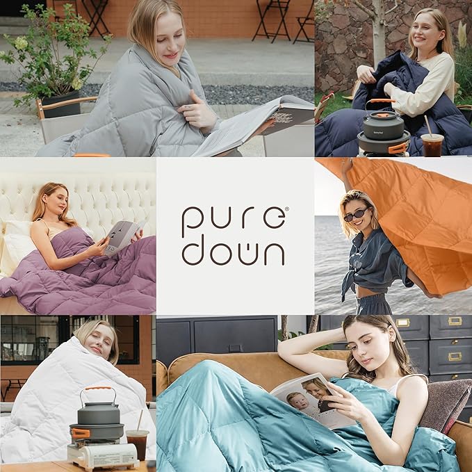 puredown® Soft Feather Down Throw Blanket Lightweight Packable Couch Throw for Indoor and Outdoor Use, 50"X70", Chocolate