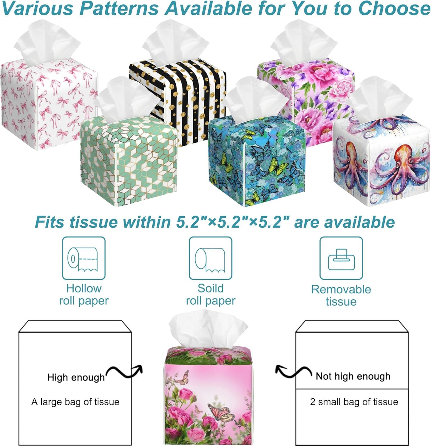 Roses Floral Bush Leather Tissue Holder,Flying Butterfly Square Tissue Box Cover,Modern Decorative Facial Tissue Paper Cover for Car Bedroom Nightstand Vanity Desk Office Table Top,5.2" x 5.2" x 5.2"