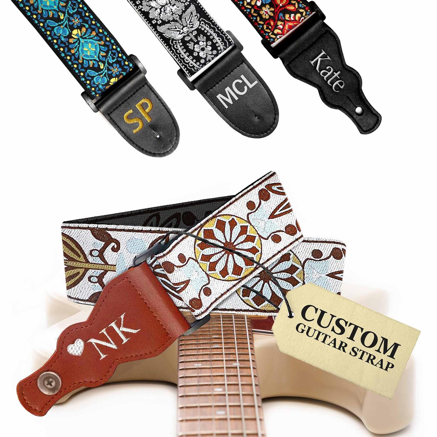 Art Tribute Personalized Guitar Strap White Vintage, including - 2 Picks + Locks + Secure Button. Add Your Text and We Make It E