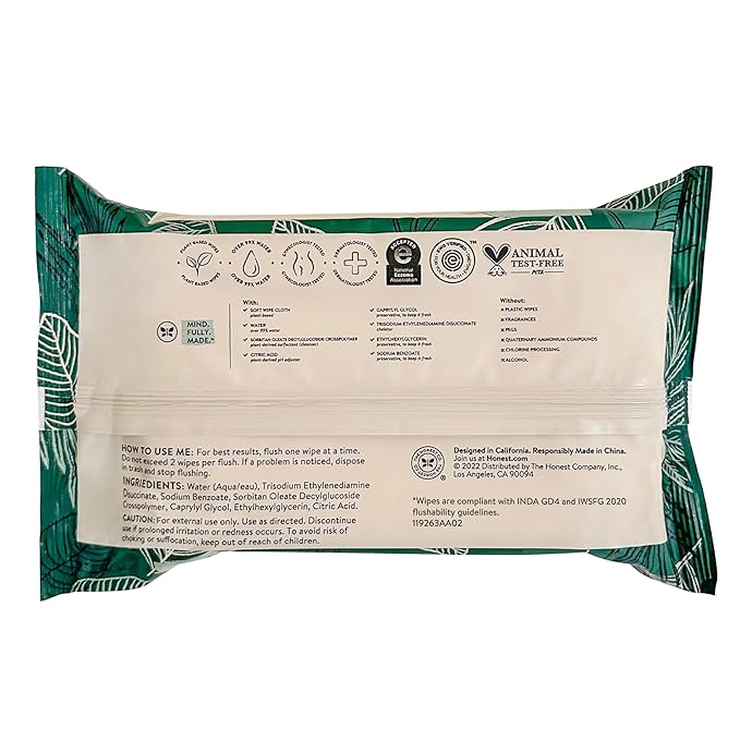 The Honest Company Flushable Wipes for Sensitive Skin, Fragrance-Free Hypoallergenic pH-Balanced Feminine Wipes, 99% Water Safe-to-Flush Wipes, Tropical Leaves, 126 Count