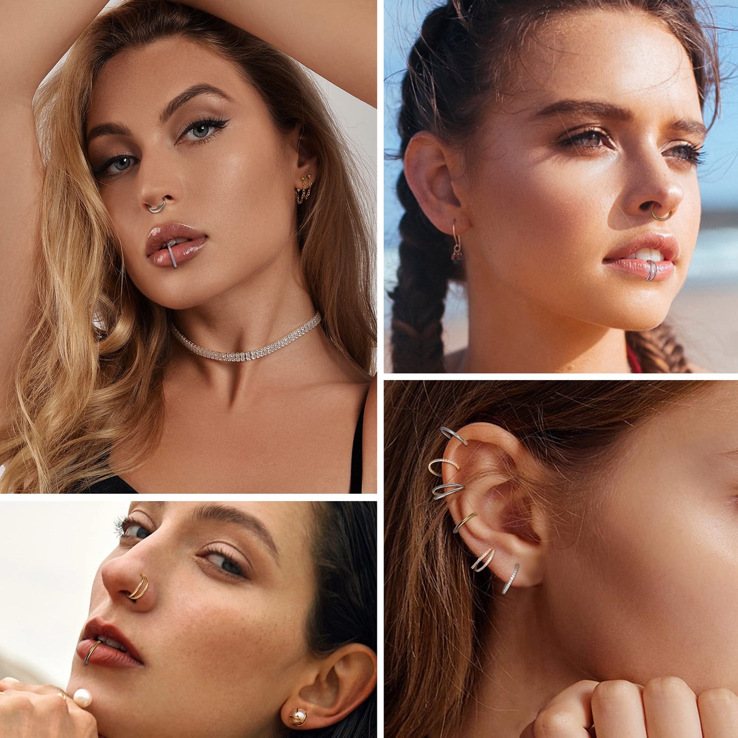 Dochais 4PCS 18G Nose Rings Hoops, Surgical Steel Earrings Tragus Septum Piercing CZ Clicker Ring, Hinged Segment Conch Lip Cart