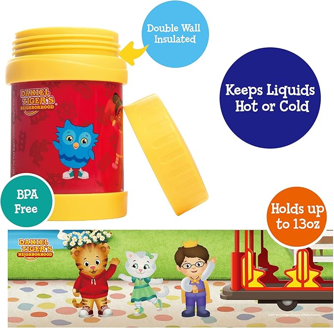 Daniel Tiger's Neighborhood Stainless Steel 13 oz Food Jar for Kids, Yellow-Vacuum Double Wall Insulated, Leak-Proof Jar- Keeps Liquids & Food Hot or Cold for Hours-Fits Inside Lunch Boxes & Bags