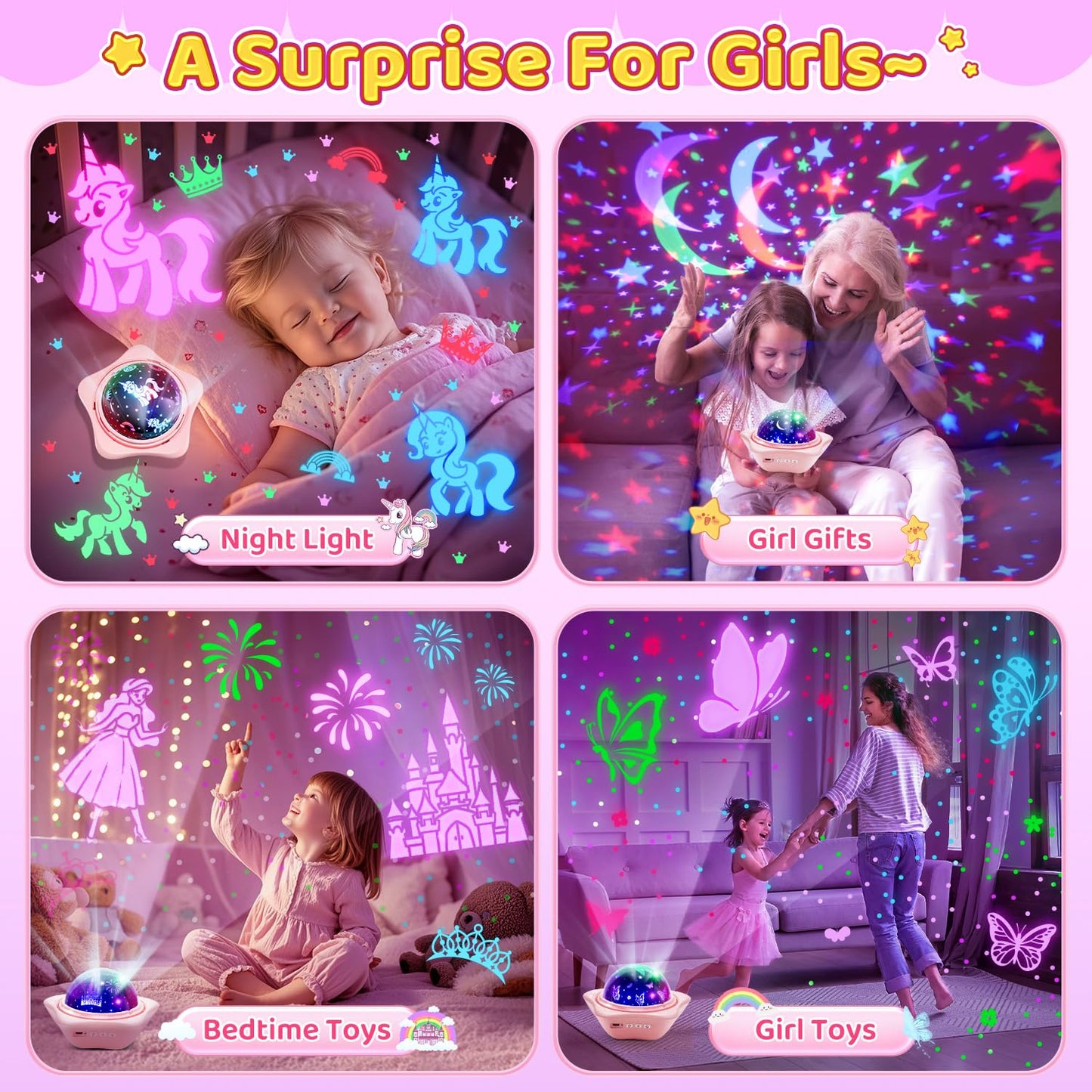 Pikoy Night Light For Kids  90 Modes+6 Films+Dimmer+Timer+Remote Kids Night Light Projector  Rechargeable Built-In Battery+360 Silent Rotation Butterfly/Princess/Mermaid Room Decor Girl Toys/Gifts