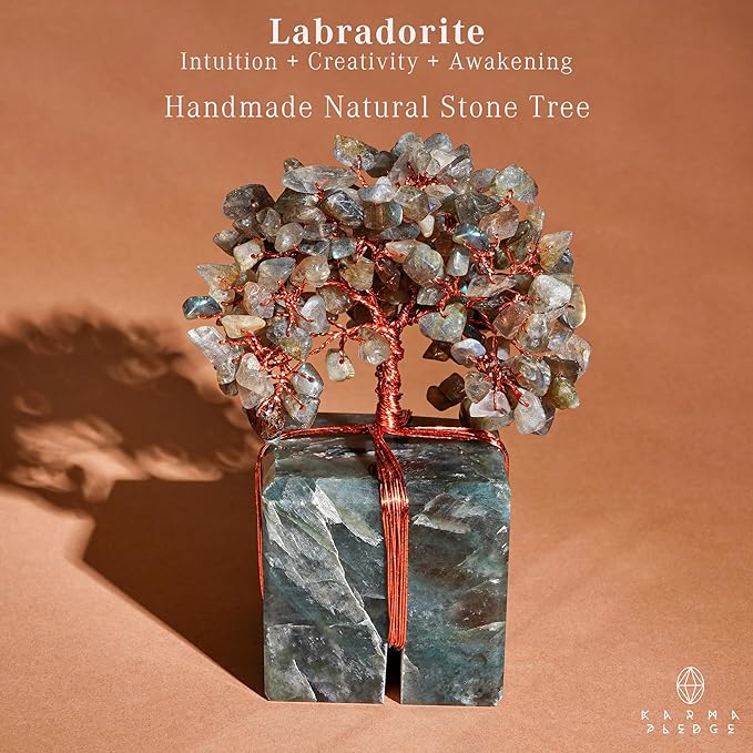KARMAPLEDGE Crystal Tree of Life Feng Shui Decor for Home and Office, Labradorite Chakra Healing Crystal Handmade Tree for Positive Energy, Money, Good Luck, Christmas Decor, Birthday Gifts for Women