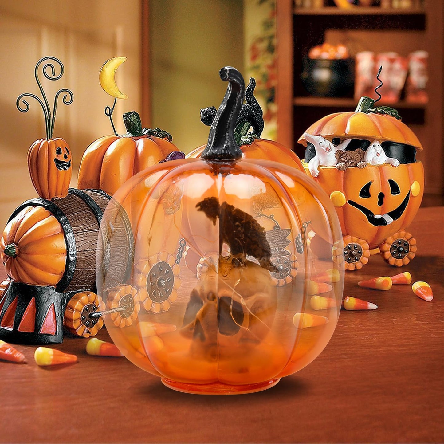 Afirst Halloween Decorations Indoor Lighted Halloween Fall Pumpkins Illuminated Glass Pumpkin With Skull Crow For Thanksgiving Fireplace Tabletop Party Home Bedroom Decor Gift