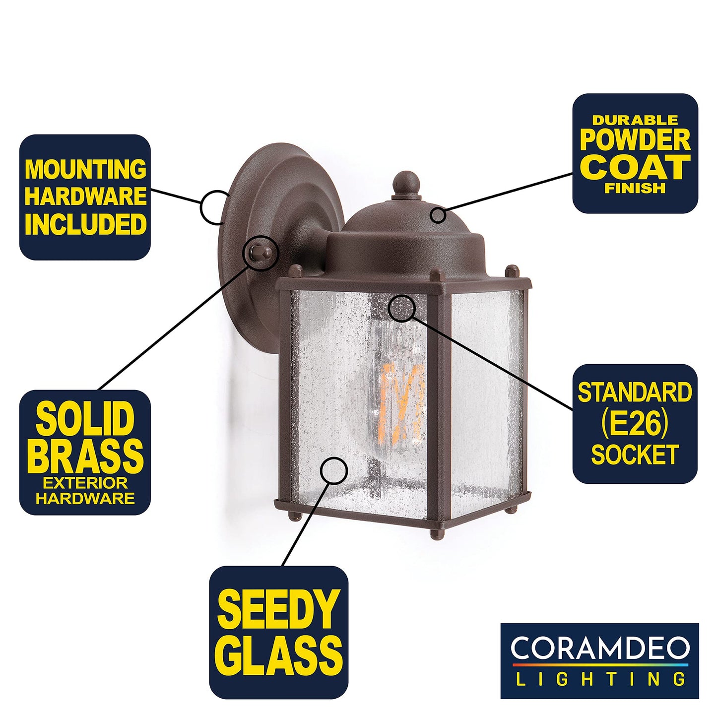 Coramdeo Outdoor Farmhouse Square Coach Light For Porch  Patio  Deck  Barn  Wet Location  Standard Medium Base Socket  Durable Rustic Bronze Finish & Seedy Glass